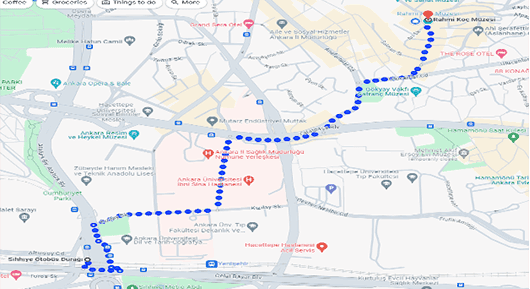 Sıhhiye'den müzeye ulaşım harita görüntüsü